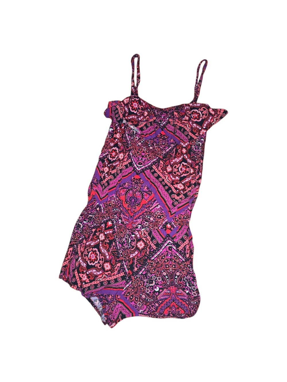 Fresh Brewed Medium Women Romper Pink Purple Paisley Bow Ruffle Colorful Y2K 90s